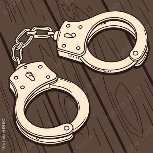 Pair of Classic Handcuffs on Wooden Surface