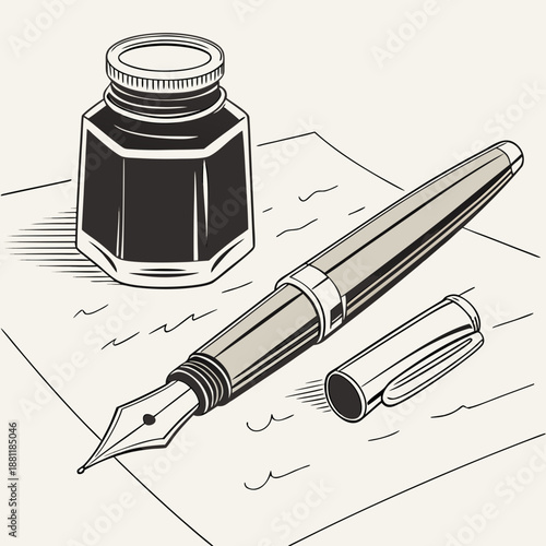 Vintage drafting pen with ink bottle on paper