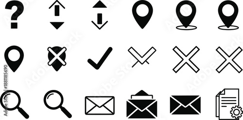 Digital interface icons, navigation symbol artwork, search design illustration, location pin concept, check mark icon, creative style, UI elements