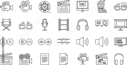 Film media icons, video production artwork, cinema symbol illustration, clapperboard design, camera concept, creative style, entertainment industry set