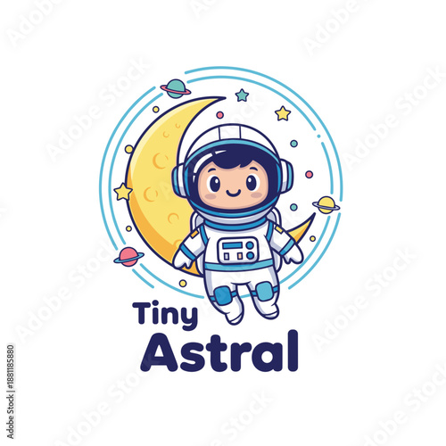 Cartoon Astronaut Floating Near Yellow Moon.