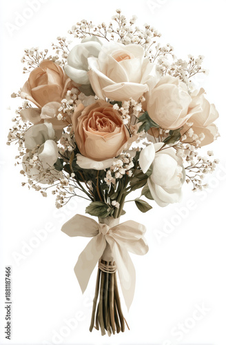 Beautiful bouquet of roses featuring soft peach and white blooms, elegantly arranged with delicate baby breath. This stunning floral composition exudes romance and charm, perfect for any special