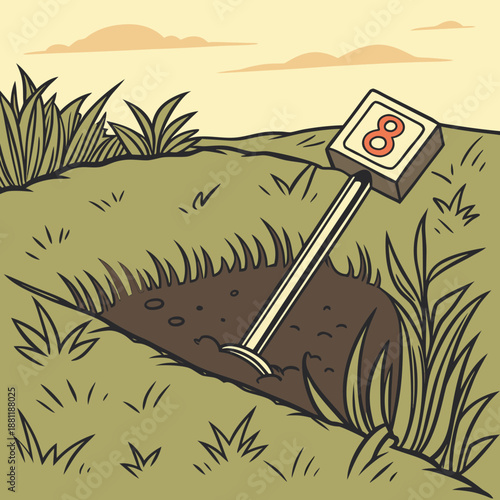 Number eight marker in a dug hole with grass