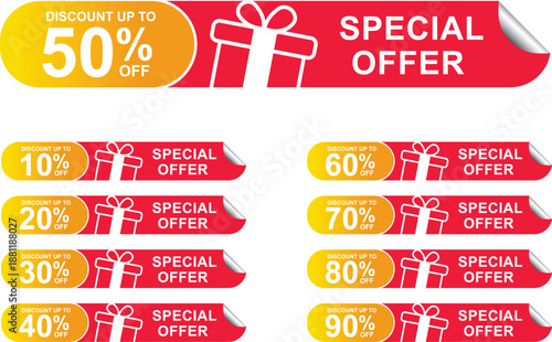 Minimalist Extra Discount Banner with gift box and folding icon. For social media, icons, logos, labels, seals, signs, badges, stickers. Discount amounts: 10, 20, 20, 40, 50, 60, 70, 80, 90. Vector