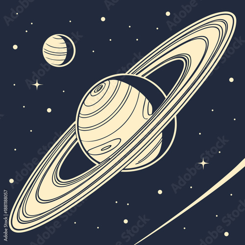 Stylized Saturn planet with rings and stars in deep space