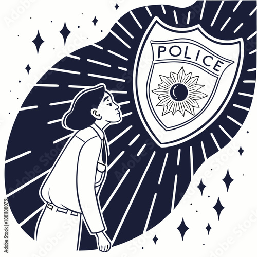 Woman Gazing At Glowing Police Badge Emblem
