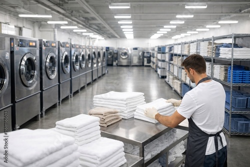 AI-generated illustration of fictional laundry worker organizing folded white towels in large modern commercial laundromat, professional textile care, hospitality service, cleanliness and efficiency c