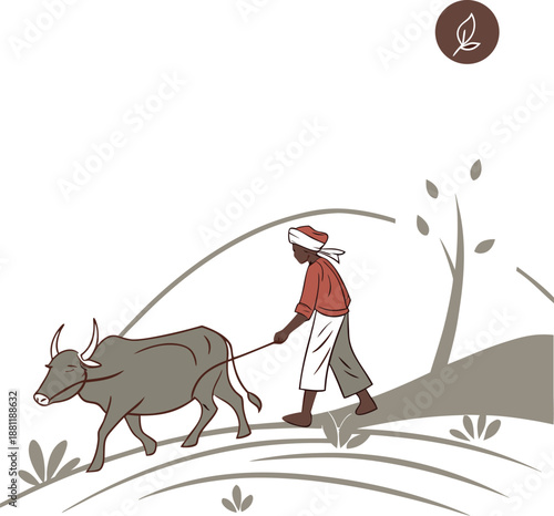 Kisan Diwas Illustration Celebrating Indian Farmers with Traditional Oxen Plowing.