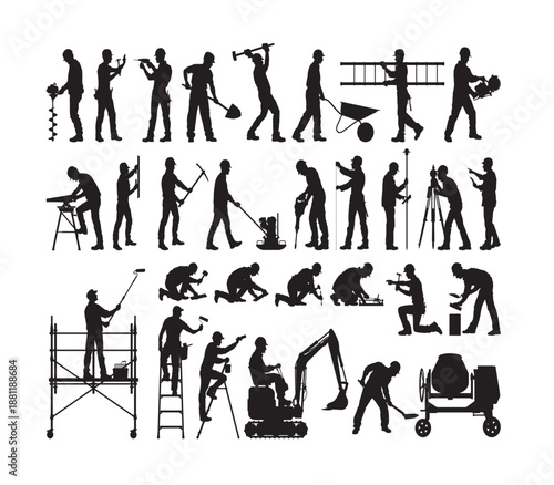 Collection of black silhouettes showing construction workers in various poses using tools and heavy equipment. Ideal for industry, labor, building, and workforce concepts.