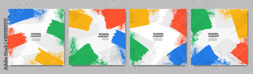 Vector illustration. Abstract contemporary aesthetic backgrounds set. Design elements for social media, web banner, blog post. Colorful brush stroke bold style with halftone dots and splatter