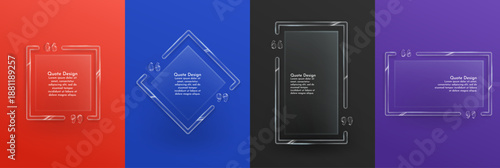 Vector illustration. Glassmorphism posters set. Quote frames blank template. Isolated textbox. Citation empty speech bubbles. Color background. Simple shapes. Design for brochure, magazine, cover