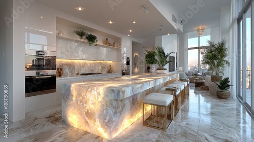 Modern luxury kitchen with backlit marble island and city view