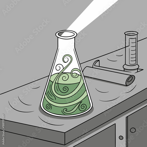 Beaker with Swirling Green Liquid on Laboratory Bench