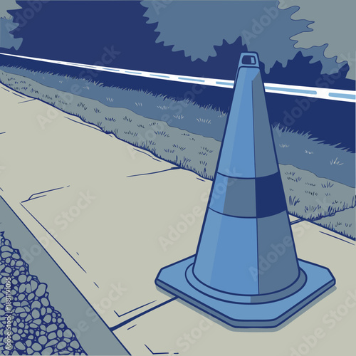 Blue Traffic Cone on Sidewalk near Road
