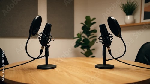 Podcast Recording Setup - Two Microphones on a Wooden Table.