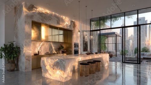 Luxurious modern kitchen interior design with marble island and city view