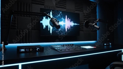 Podcast Studio Setup with Microphone and Sound Wave Display.