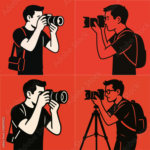 vector illustration set of a photographer shooting a landscape on a red background