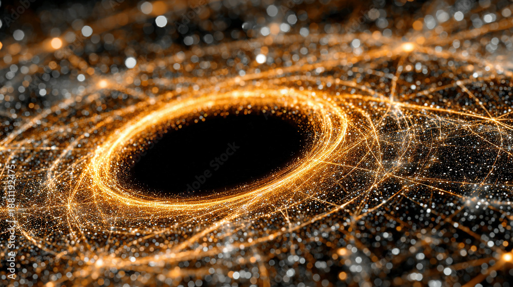 custom made wallpaper toronto digitalA digital visualization of a black hole surrounded by glowing cosmic particles.