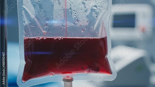 Blood transfusion bag dripping with blood in a hospital room, medical procedure and treatment concept