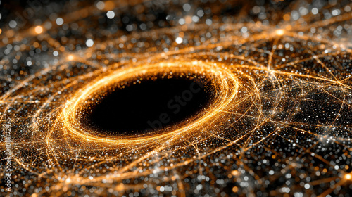 A digital visualization of a black hole surrounded by glowing cosmic particles.