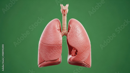 Anatomical Lungs with Trachea Model on Green Background