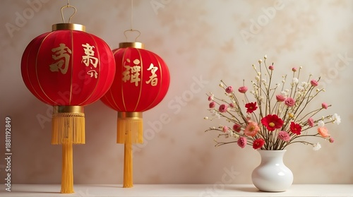 Traditional Chinese New Year decor featuring red lanterns with gold script and a festive bouquet of flowers in a white vase. Copy space.