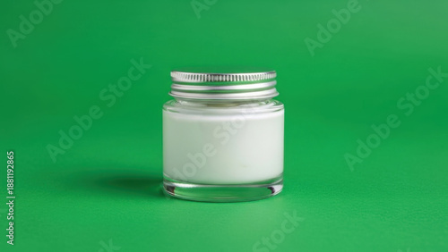 Small Glass Jar with White Cream on Green Background