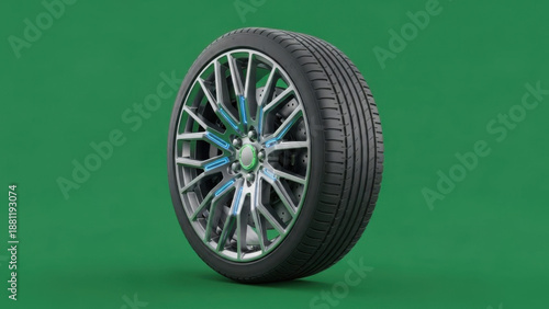 Sport Tire with Alloy Wheel on Green Studio Background