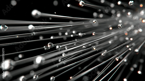 Close-up of numerous thin, illuminated fiber optic strands with small light particles.