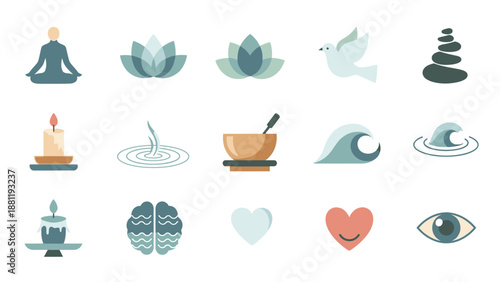 Serene icons illustrating mindfulness and wellness concepts through various symbolic representations