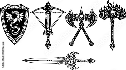 Fantasy Weapon and Shield Illustration Set, Medieval Arms Collection, Decorative Line Art