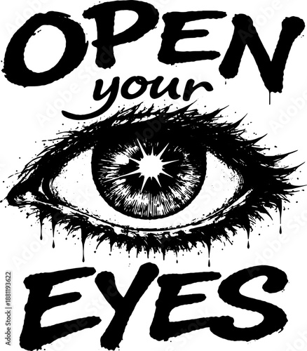 Open Your Eyes Illustration, Symbolic Eye with Typography, Concept Line Art