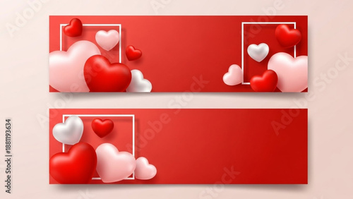 Valentine's Day Banners with Playful 3D Hearts and Frames, Perfect for Romantic Celebrations and Digital Greetings, Capturing the Essence of Love and Affection