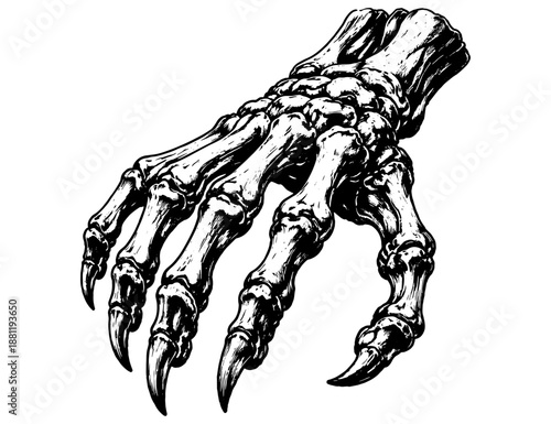 Skeletal Claw Hand Illustration, Dark Anatomy Bone Detail, Engraved Line Art