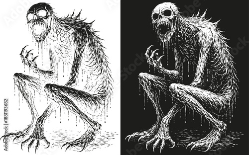 Dark Engraving Creature Illustration, Horror Figure for CNC Carving, Line Art
