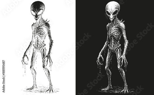Alien Skeletal Creature Illustration, Extraterrestrial Anatomy Engraving, Dark Line Art