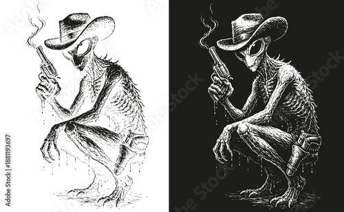 Smoking Cowboy Creature Illustration, Dark Western Engraving, Character Line Art