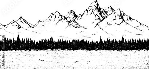Mountain Landscape Illustration, Forest and Peaks Panorama, Clean Line Art Design