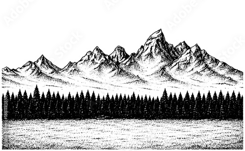 Mountain Landscape Illustration, Forest and Peaks Panorama, Clean Line Art Design