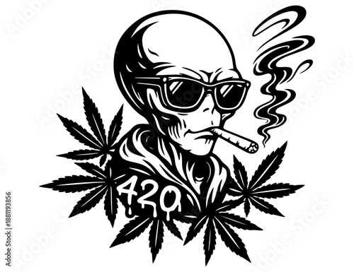 Cool alien 420 Bald Stoner Illustration, Weed Smoker Character with Sunglasses, Clean Line Art