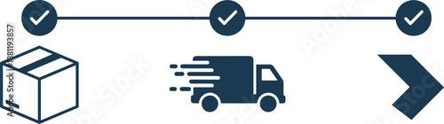 Logistics and delivery process timeline icons showing package box shipping truck and fast arrow for order tracking status.