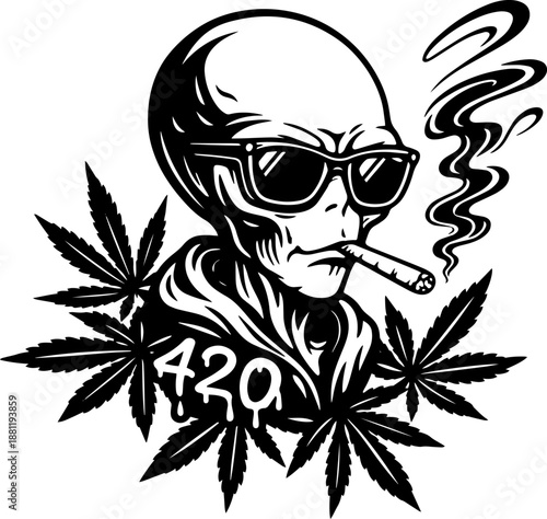 Cool alien 420 Bald Stoner Illustration, Weed Smoker Character with Sunglasses, Clean Line Art