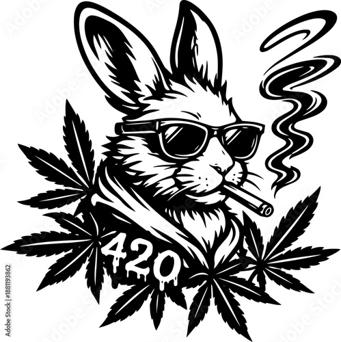 Cool 420 Bunny Illustration, Weed Rabbit with Sunglasses, Clean Line Art Design