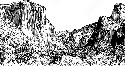 Dramatic Mountain Valley Illustration, Rocky Cliffs Landscape, Clean Line Art Design