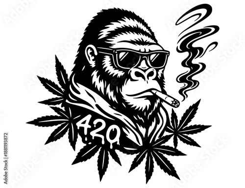 Cool 420 Monkey Illustration, Weed Ape with Sunglasses, Clean Line Art Design