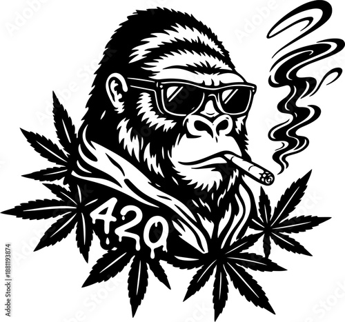 Cool 420 Monkey Illustration, Weed Ape with Sunglasses, Clean Line Art Design