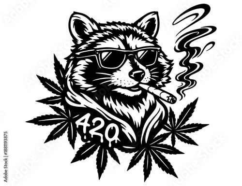 Cool 420 Raccoon Illustration, Weed Raccoon with Sunglasses, Clean Line Art Design