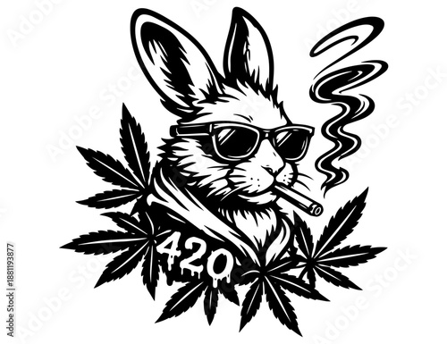 Cool 420 Bunny Illustration, Weed Rabbit with Sunglasses, Clean Line Art Design