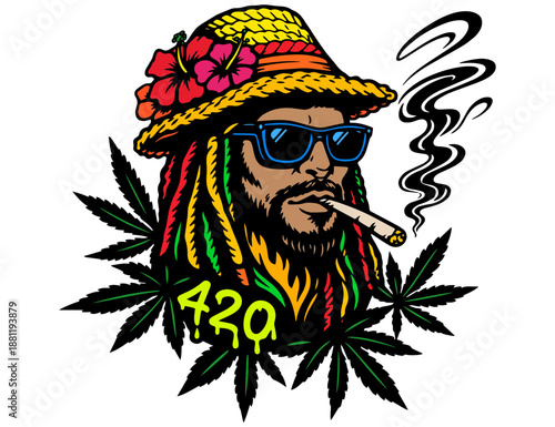 Cool 420 Rasta Man Illustration, Weed Smoker Character with Dreadlocks, Bold Line Art